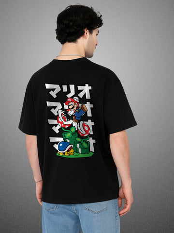 Go Mario Jump Oversized Graphic Zen Black T-Shirt For Men by Zwuri