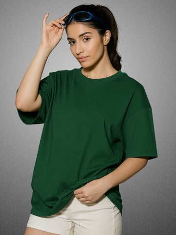 Zwuri Women’s Forest Green Oversized T-Shirt Solids, Relaxed Fit, Minimalist Everyday Wear