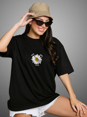 🌼 Blooming Flowers, Zen Black Oversized T-Shirt For Women by Zwuri