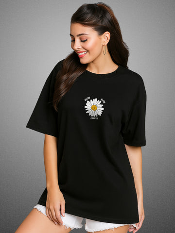🌼 Blooming Flowers, Zen Black Oversized T-Shirt For Women by Zwuri