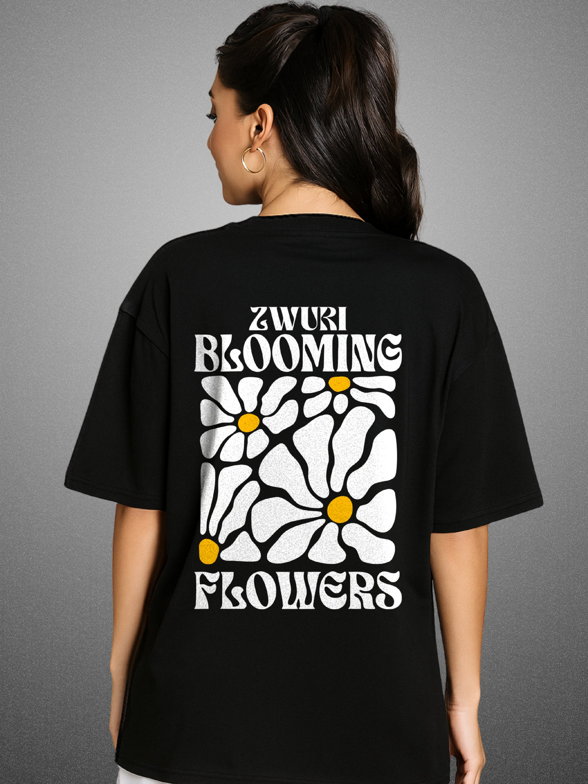 🌼 Blooming Flowers, Zen Black Oversized T-Shirt For Women by Zwuri