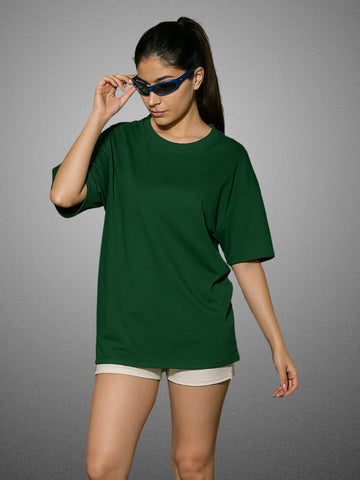 Zwuri Women’s Forest Green Oversized T-Shirt Solids, Relaxed Fit, Minimalist Everyday Wear