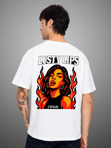💋 Lusty Lips, Pure White Oversized T-Shirt For Men by Zwuri