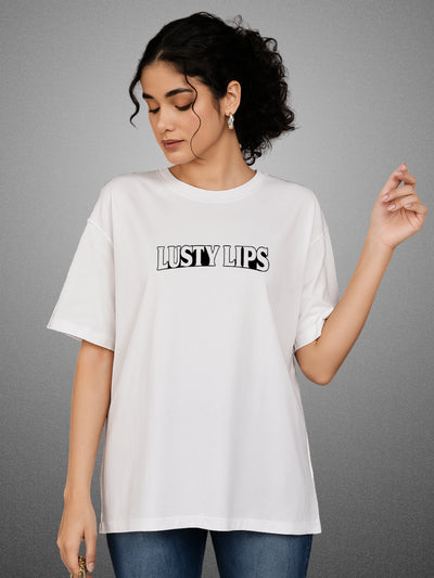 💋 Lusty Lips, Pure White Oversized T-Shirt For Women by Zwuri