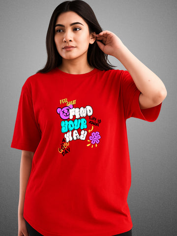 Find Your Way, Crimson Red Oversized T-Shirt For Women by Zwuri