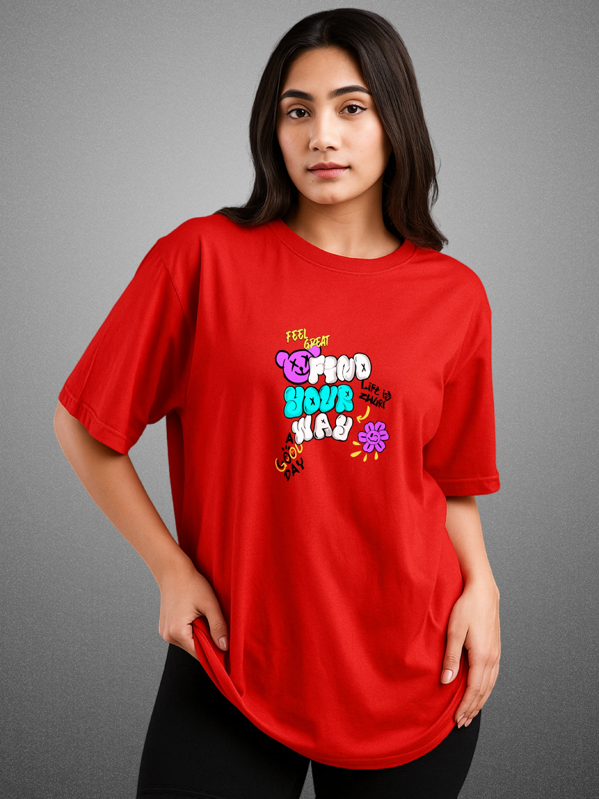 Find Your Way, Crimson Red Oversized T-Shirt For Women by Zwuri