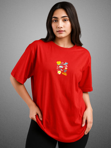 🤪 The Zwuri Madness, Crimson Red Oversized T-Shirt For Women by Zwuri