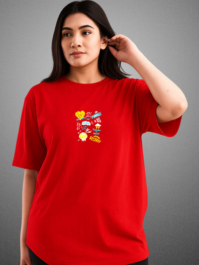 🤪 The Zwuri Madness, Crimson Red Oversized T-Shirt For Women by Zwuri