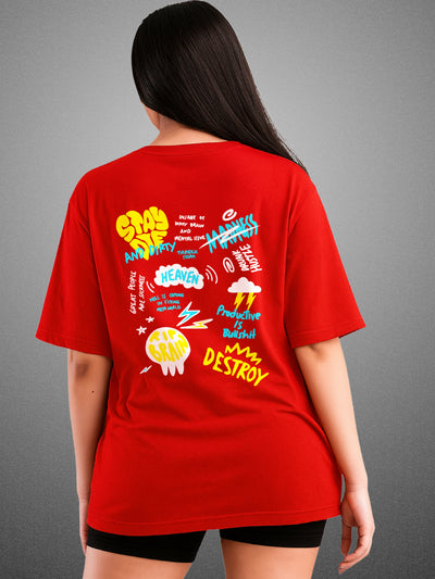 🤪 The Zwuri Madness, Crimson Red Oversized T-Shirt For Women by Zwuri