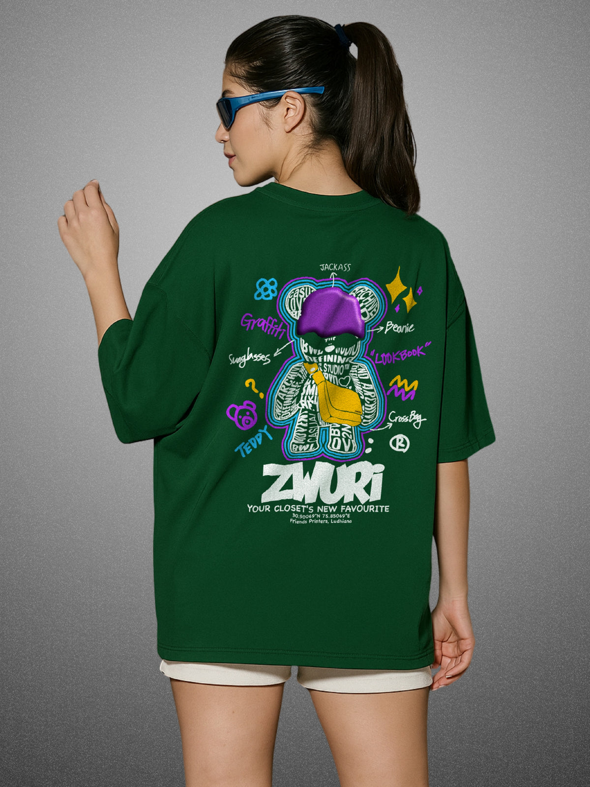 Graffiti Art, Forest Green Oversized T-Shirt For Women by Zwuri