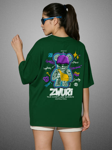 Graffiti Art, Forest Green Oversized T-Shirt For Women by Zwuri