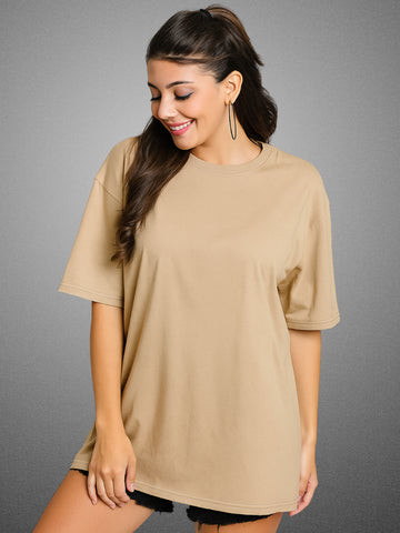 Zwuri Women’s Velvet Beige Oversized T-Shirt Solids, Relaxed Fit, Minimalist Everyday Wear