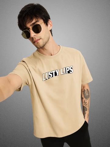 💋 Lusty Lips, Velvet Beige Oversized T-Shirt For Men by Zwuri