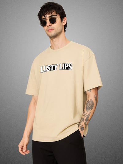 💋 Lusty Lips, Velvet Beige Oversized T-Shirt For Men by Zwuri