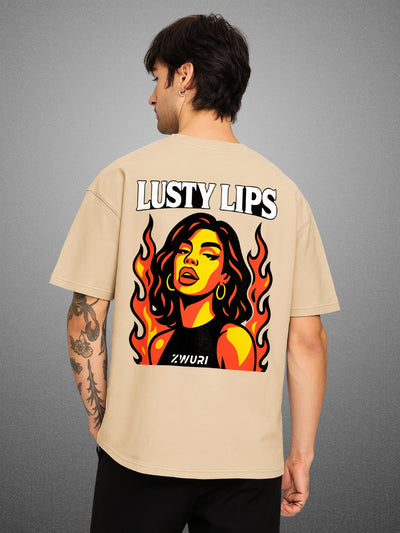 💋 Lusty Lips, Velvet Beige Oversized T-Shirt For Men by Zwuri