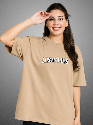 💋 Lusty Lips, Velvet Beige Oversized T-Shirt For Women by Zwuri