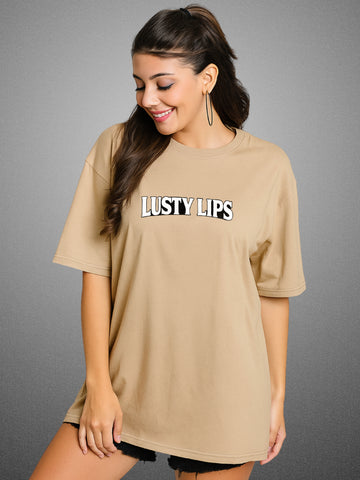 💋 Lusty Lips, Velvet Beige Oversized T-Shirt For Women by Zwuri