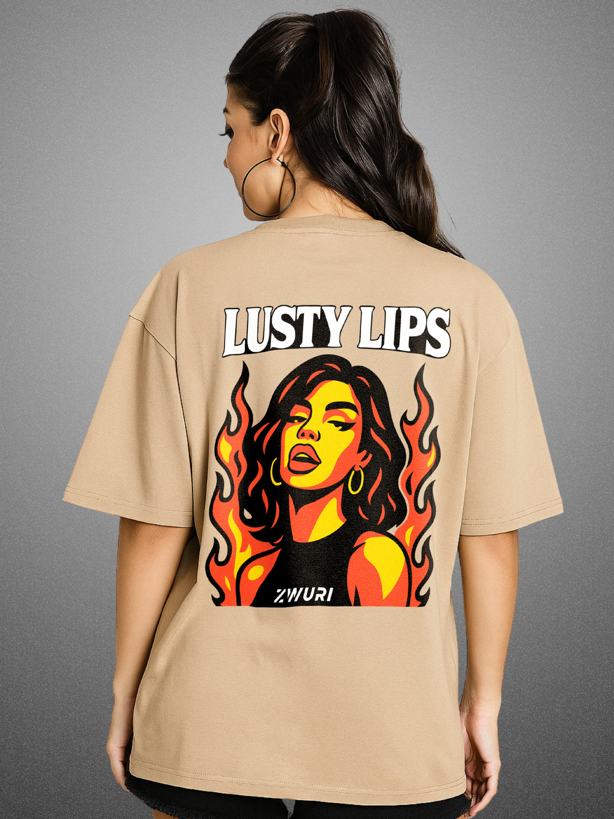 💋 Lusty Lips, Velvet Beige Oversized T-Shirt For Women by Zwuri