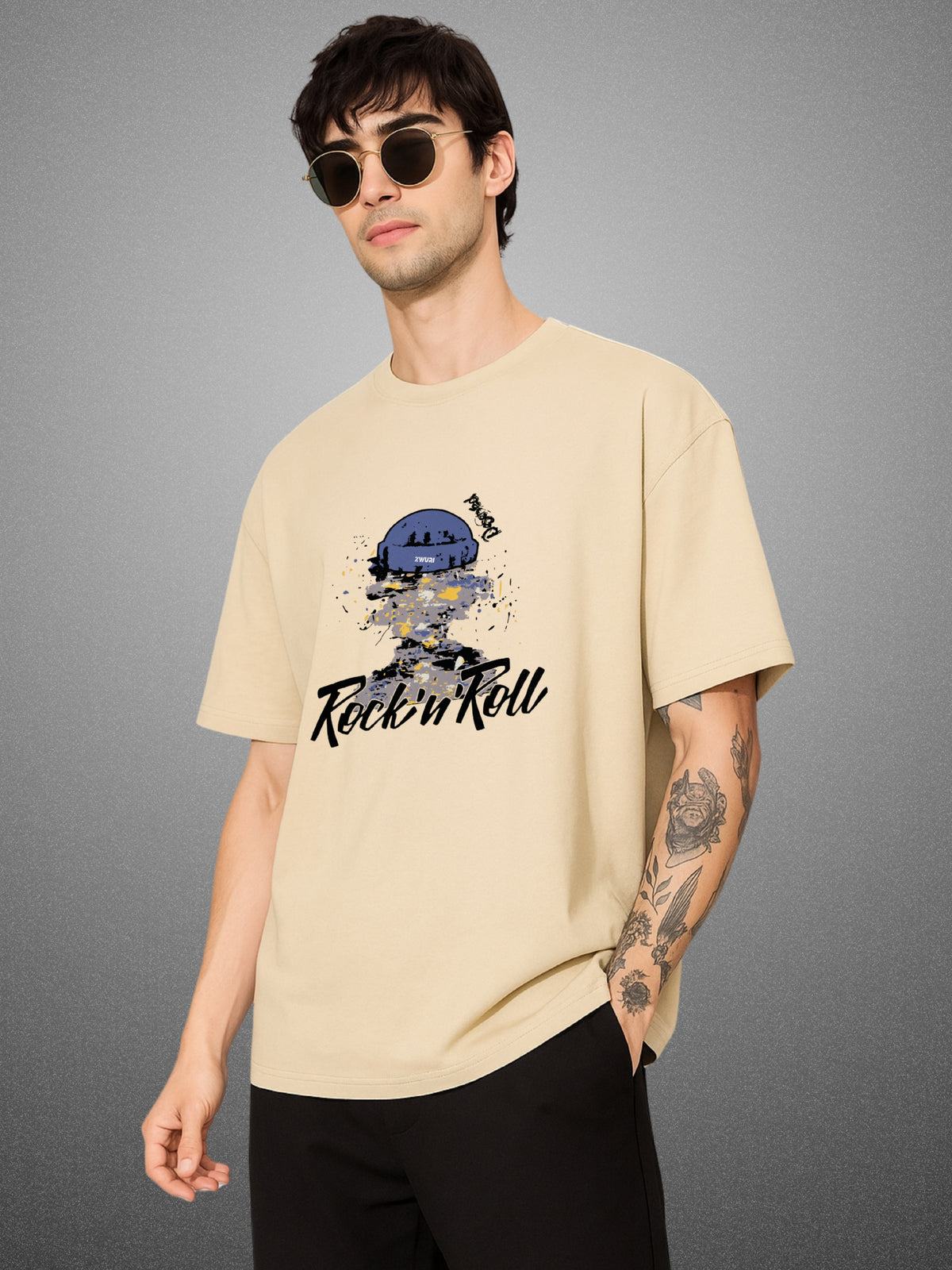 Rock 'n' Roll, Velvet Beige Oversized T-Shirt For Men by Zwuri