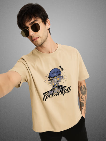 Rock 'n' Roll, Velvet Beige Oversized T-Shirt For Men by Zwuri