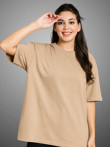 Zwuri Women’s Velvet Beige Oversized T-Shirt Solids, Relaxed Fit, Minimalist Everyday Wear
