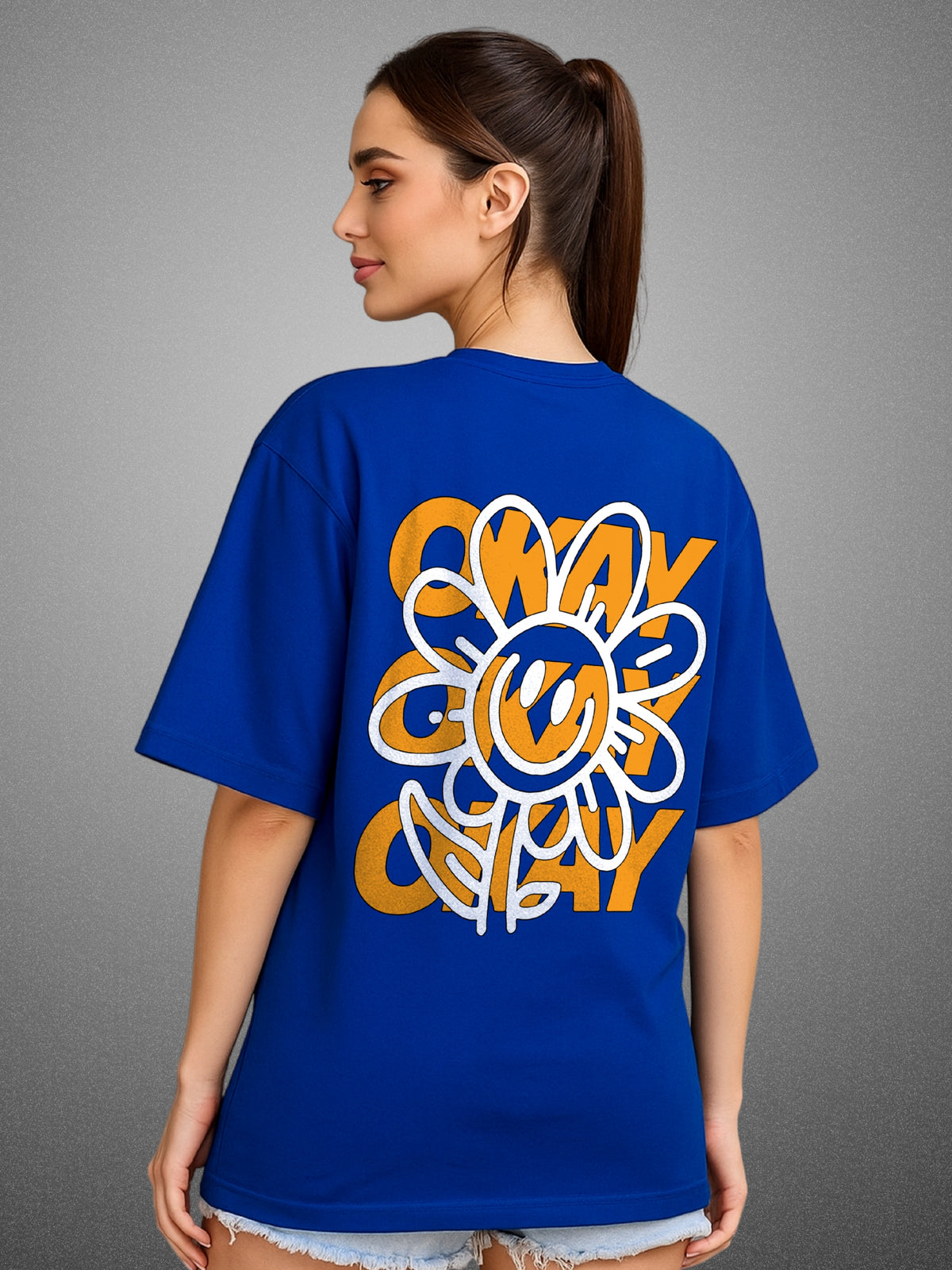 Okay Okay Okay Drift Blue Oversized T-Shirt For Women by Zwuri