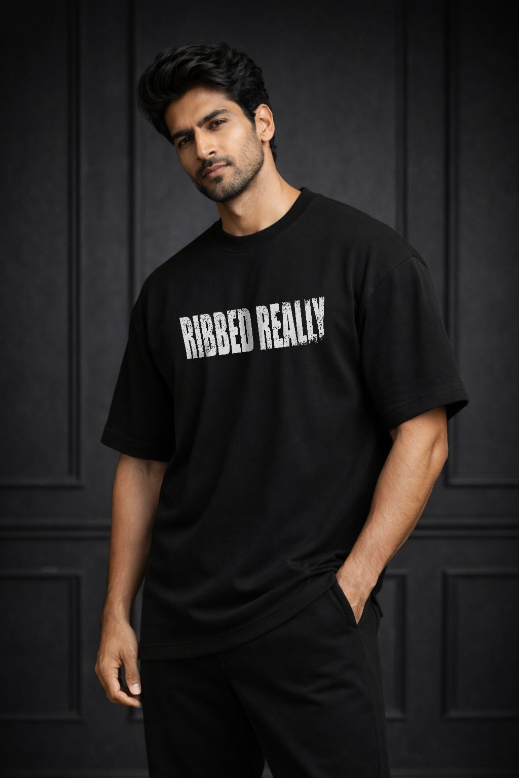 Zwuri Men | Ribbed Ribs - Pitch Black Oversized T-Shirt