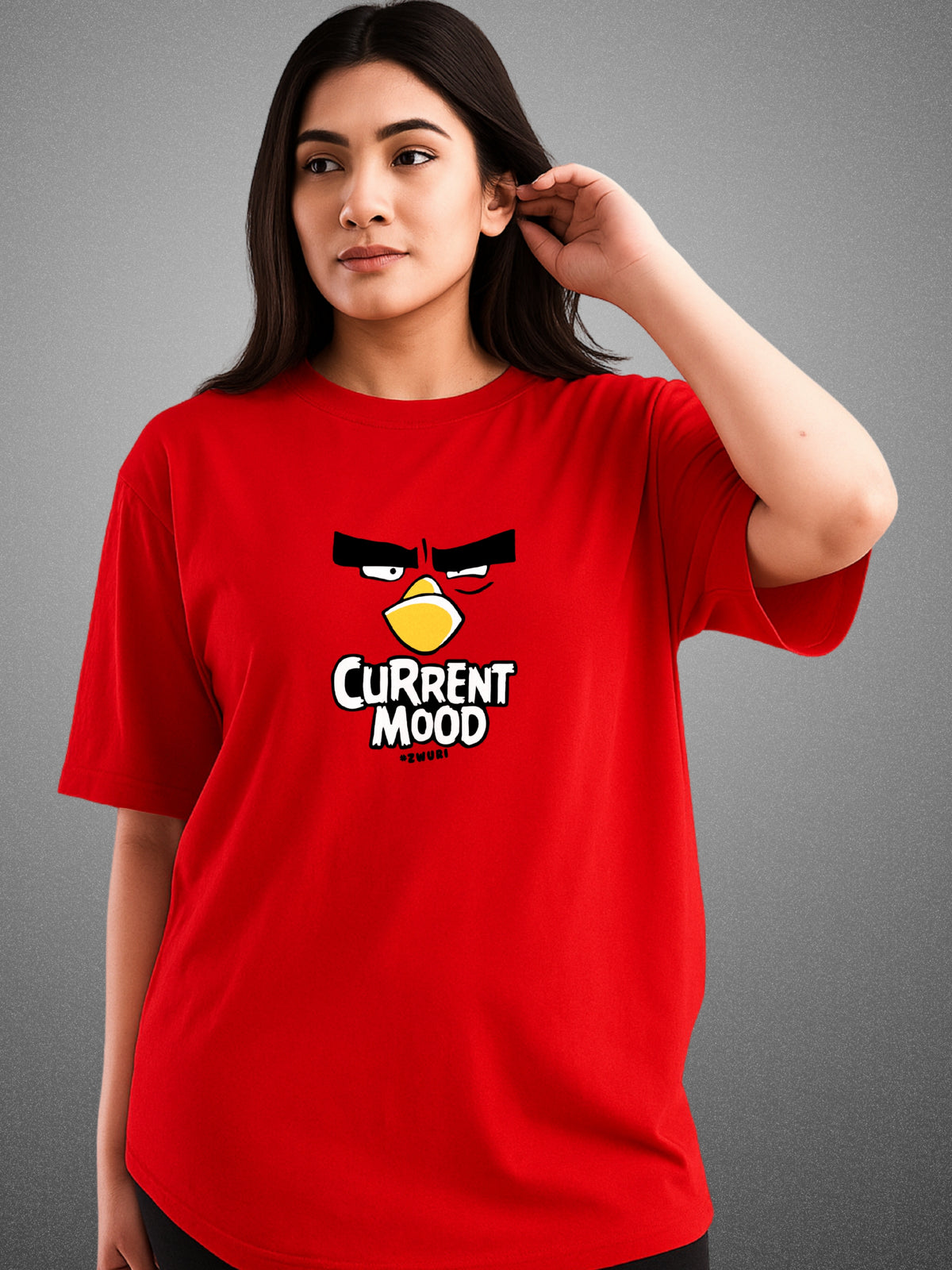 Angry Bird Crimson Red Oversized T-Shirt for Women by Zwuri