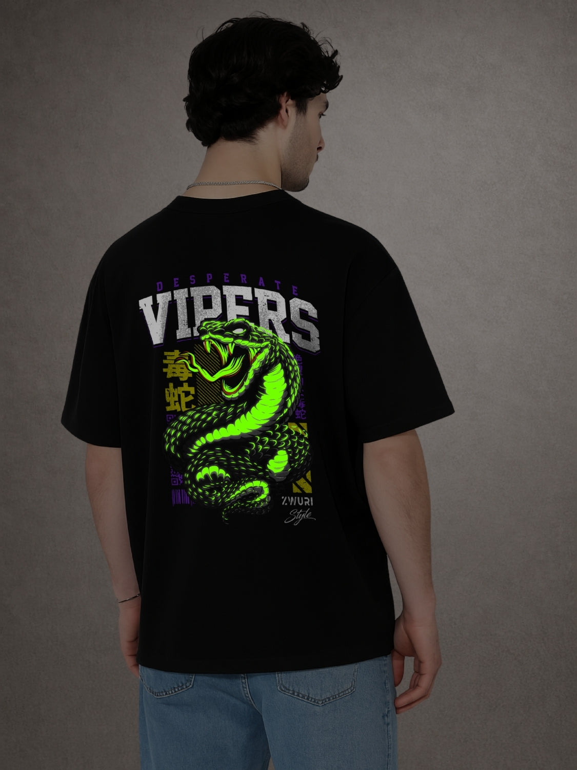 Zwuri Men | Vipers - Pitch Black Oversized T-Shirt