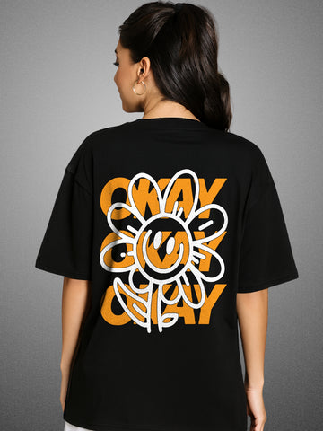 Okay Okay Okay Zen Black Oversized T-Shirt For Women by Zwuri