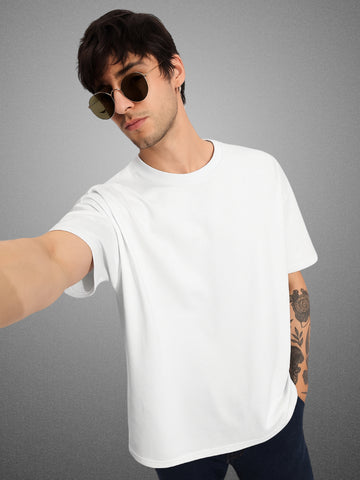 Zwuri Men’s Pure White Oversized T-Shirt Solids, Relaxed Fit, Minimalist Everyday Wear