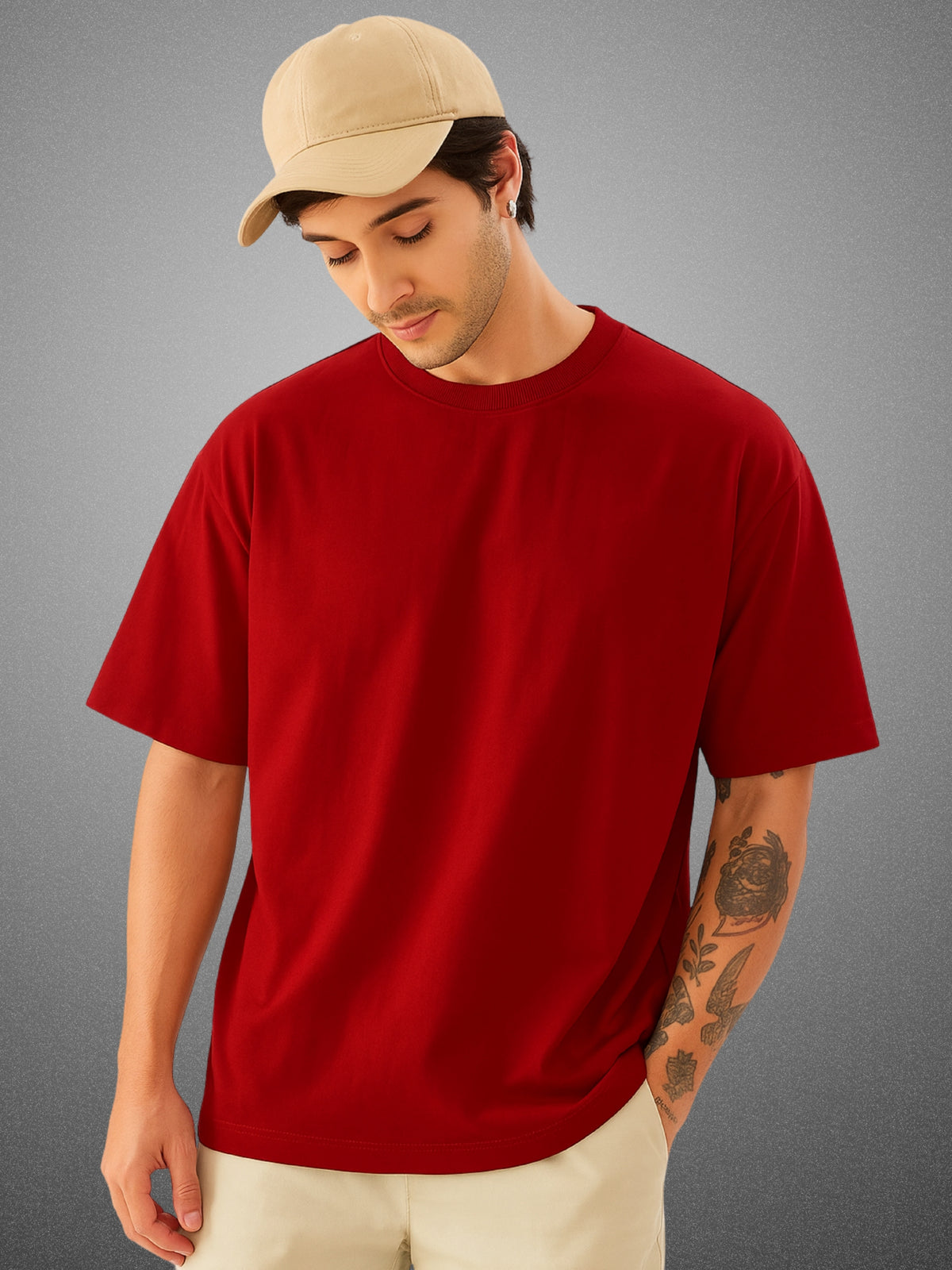 Zwuri Men’s Crimson Red Oversized T-Shirt Solids, Relaxed Fit, Minimalist Everyday Wear