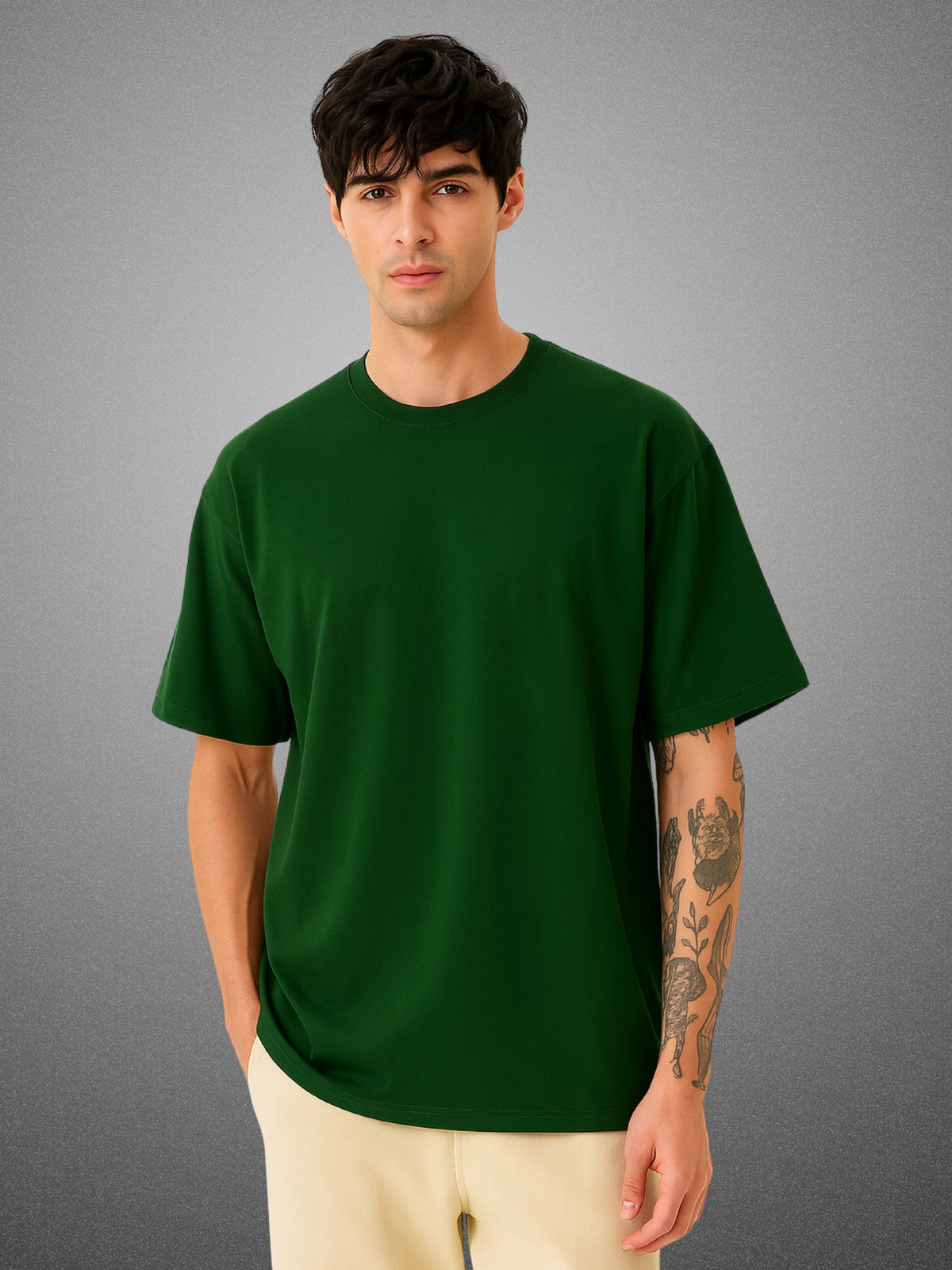 Zwuri Men’s Forest Green Oversized T-Shirt Solids, Relaxed Fit, Minimalist Everyday Wear