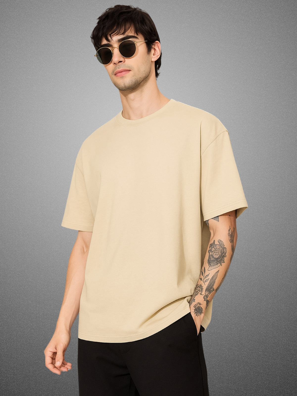 Zwuri Men’s Velvet Beige Oversized T-Shirt Solids, Relaxed Fit, Minimalist Everyday Wear