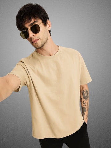 Zwuri Men’s Velvet Beige Oversized T-Shirt Solids, Relaxed Fit, Minimalist Everyday Wear
