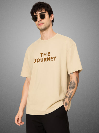 The Chaos Journey, Velvet Beige Oversized T-Shirt for Men by Zwuri