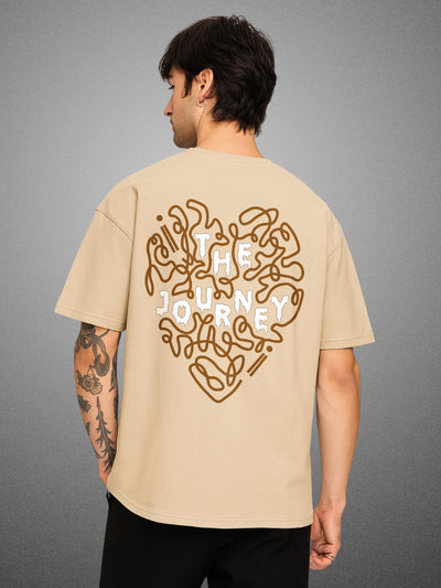 The Chaos Journey, Velvet Beige Oversized T-Shirt for Men by Zwuri
