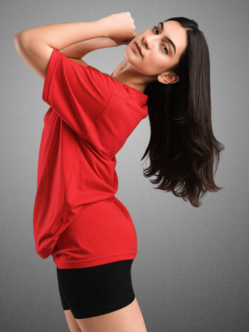 Zwuri Women’s Crimson Red Oversized T-Shirt Solids, Relaxed Fit, Minimalist Everyday Wear