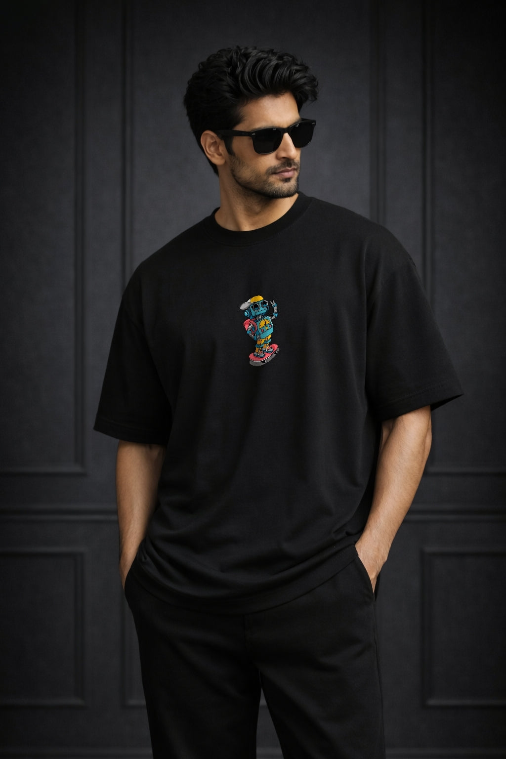 Zwuri Men | Robo Skate - Pitch Black Oversized T-Shirt