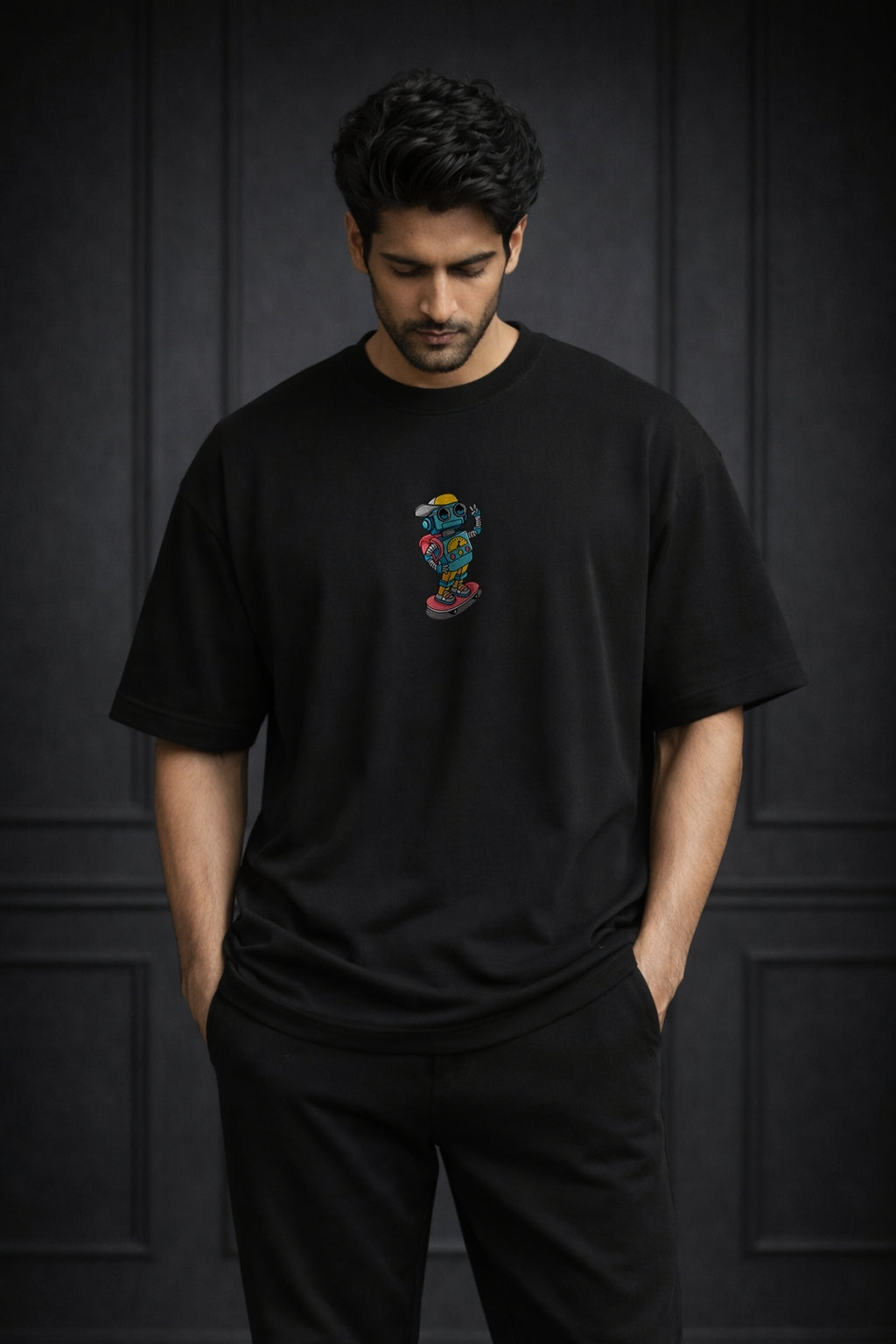 Zwuri Men | Robo Skate - Pitch Black Oversized T-Shirt