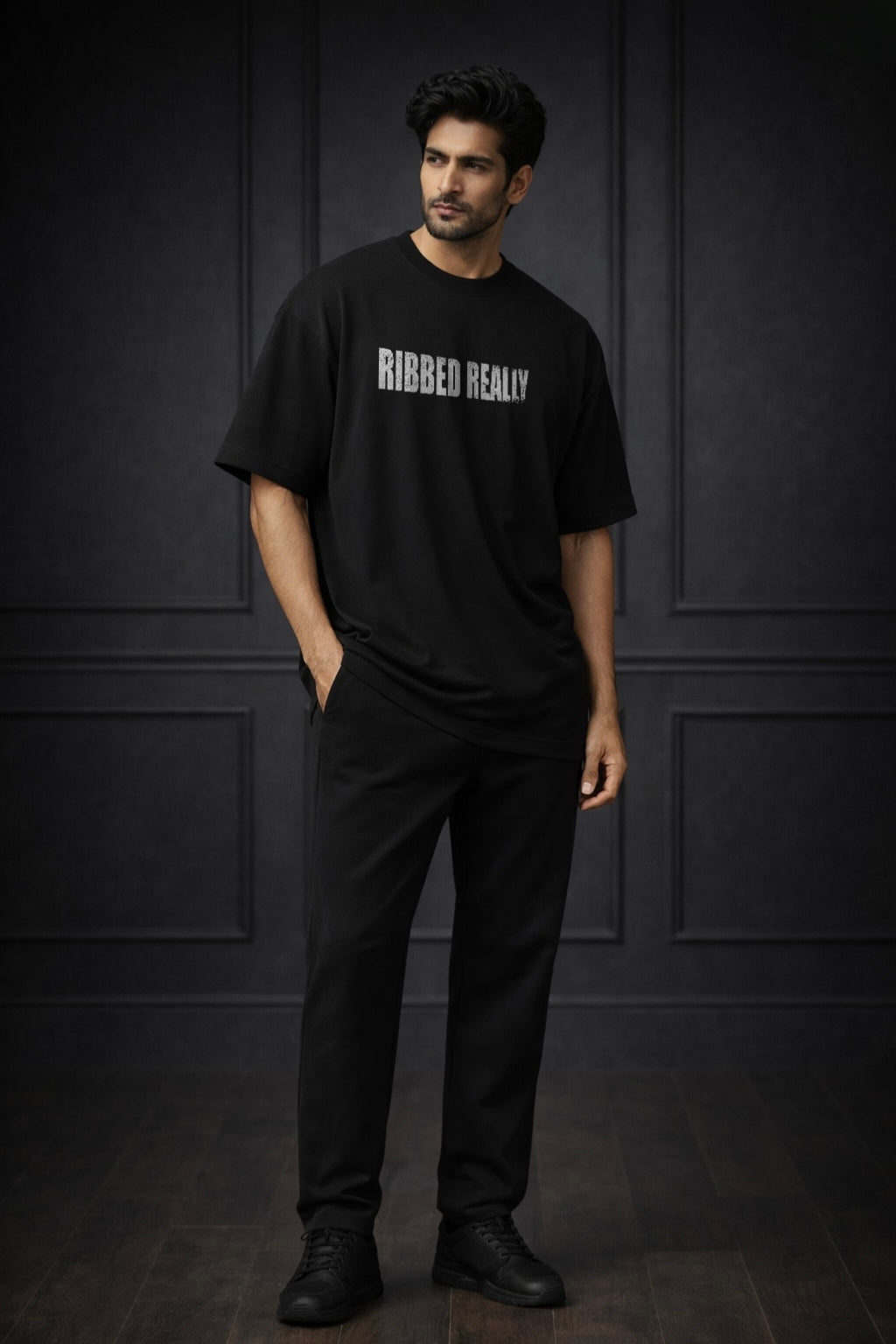 Zwuri Men | Ribbed Ribs - Pitch Black Oversized T-Shirt