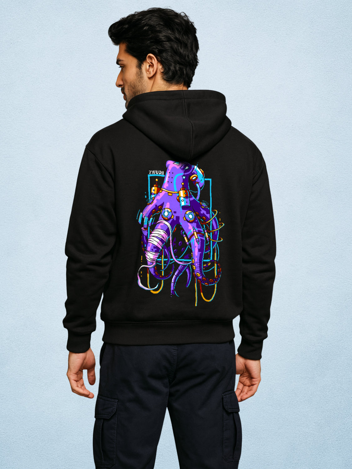 Zwuri Men | Neon Odyssey - Pitch Black Oversized Hoodie