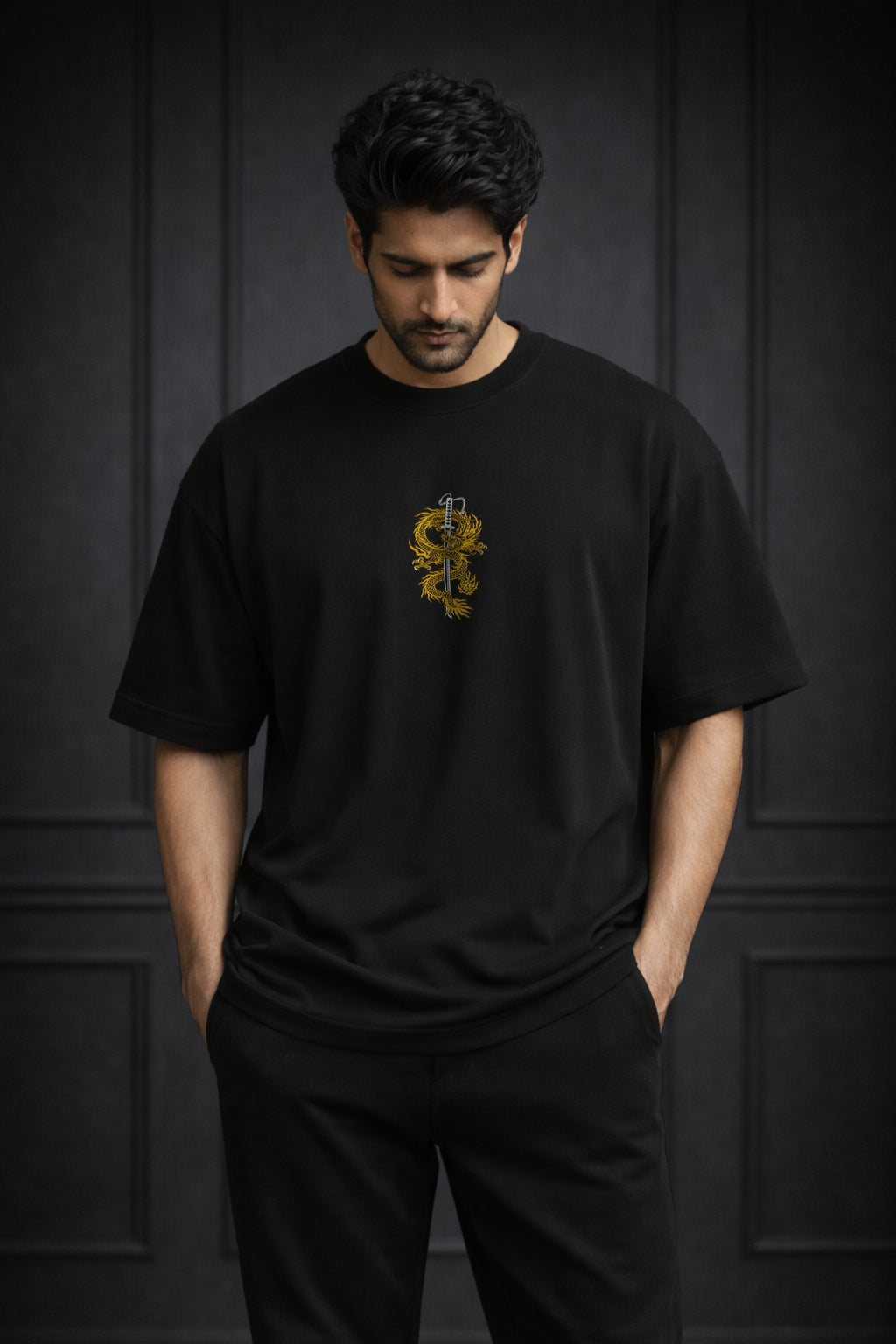 Zwuri Men | Samurai Dragon - Pitch Black Oversized T-Shirt