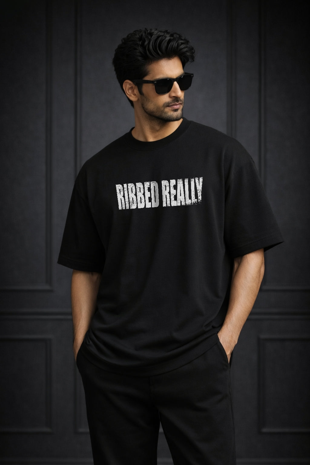 Zwuri Men | Ribbed Ribs - Pitch Black Oversized T-Shirt
