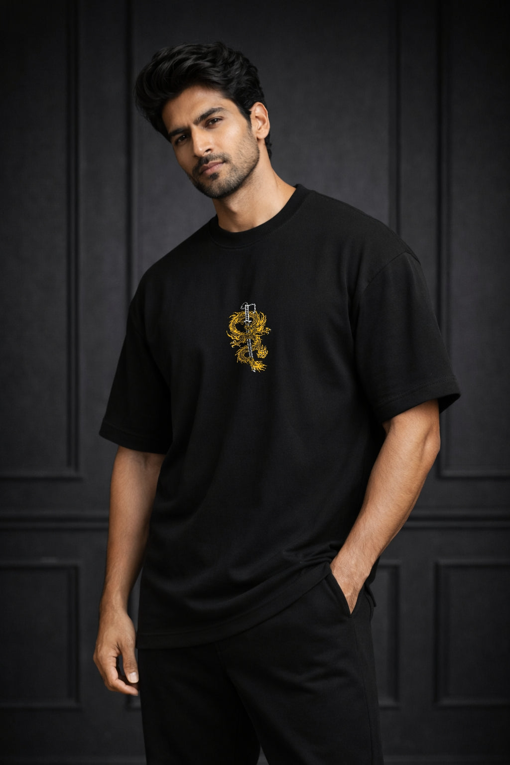 Zwuri Men | Samurai Dragon - Pitch Black Oversized T-Shirt