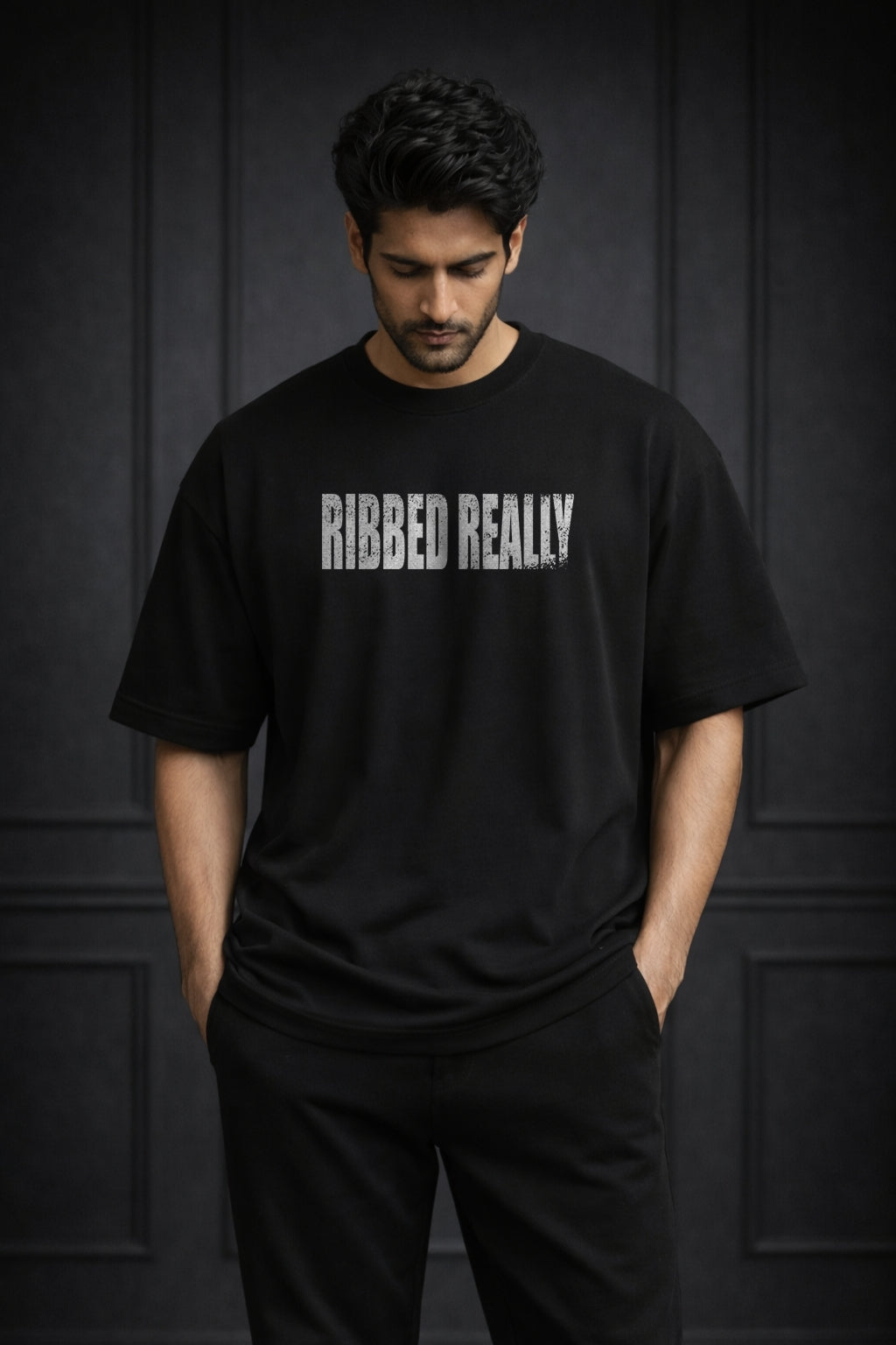 Zwuri Men | Ribbed Ribs - Pitch Black Oversized T-Shirt