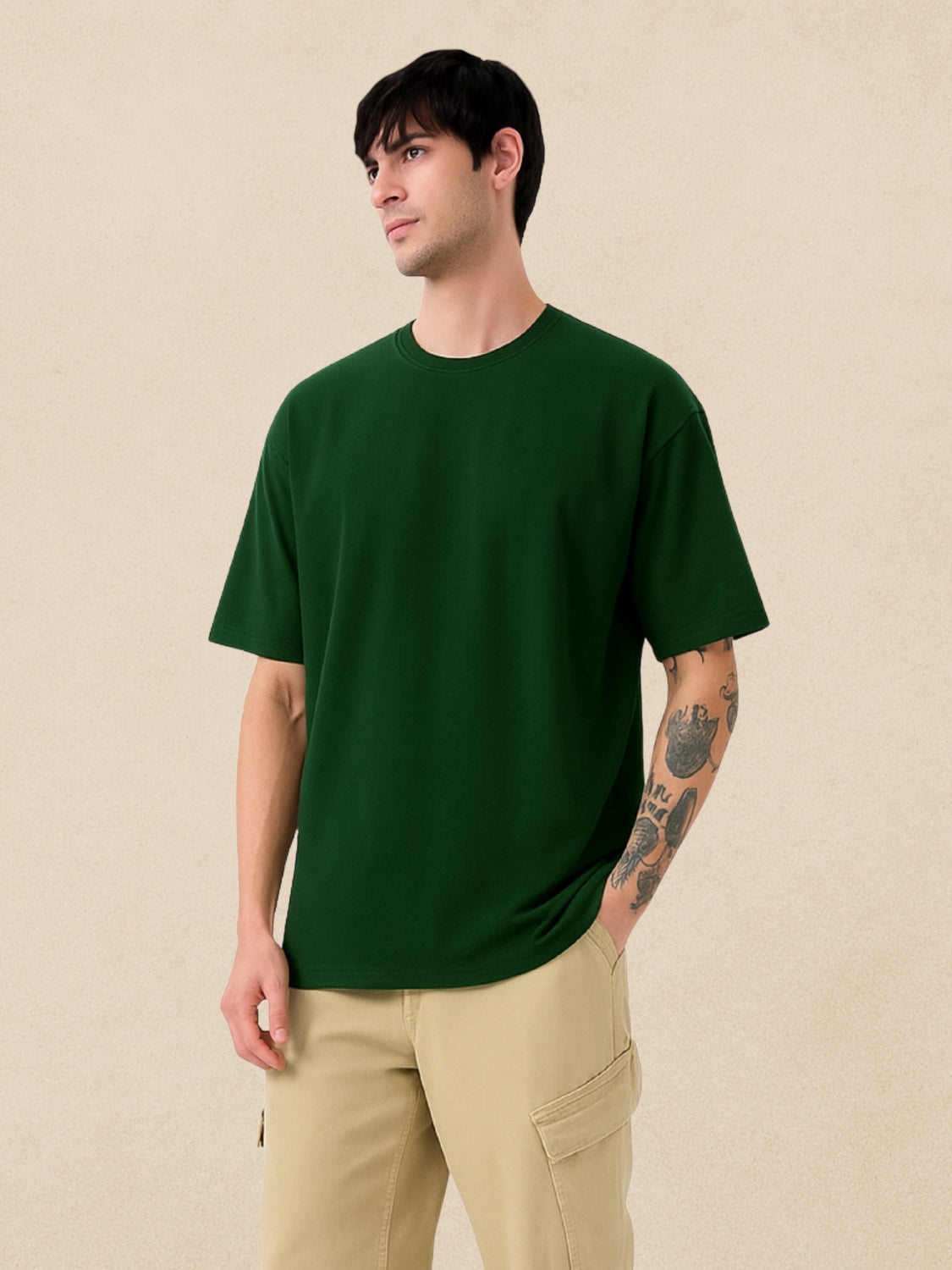 Zwuri Men’s Forest Green Oversized T-Shirt Solids, Relaxed Fit, Minimalist Everyday Wear