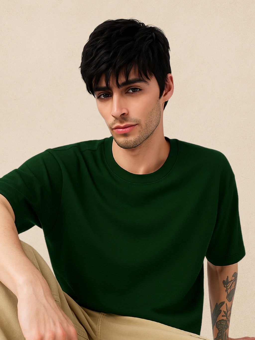 Zwuri Men’s Forest Green Oversized T-Shirt Solids, Relaxed Fit, Minimalist Everyday Wear