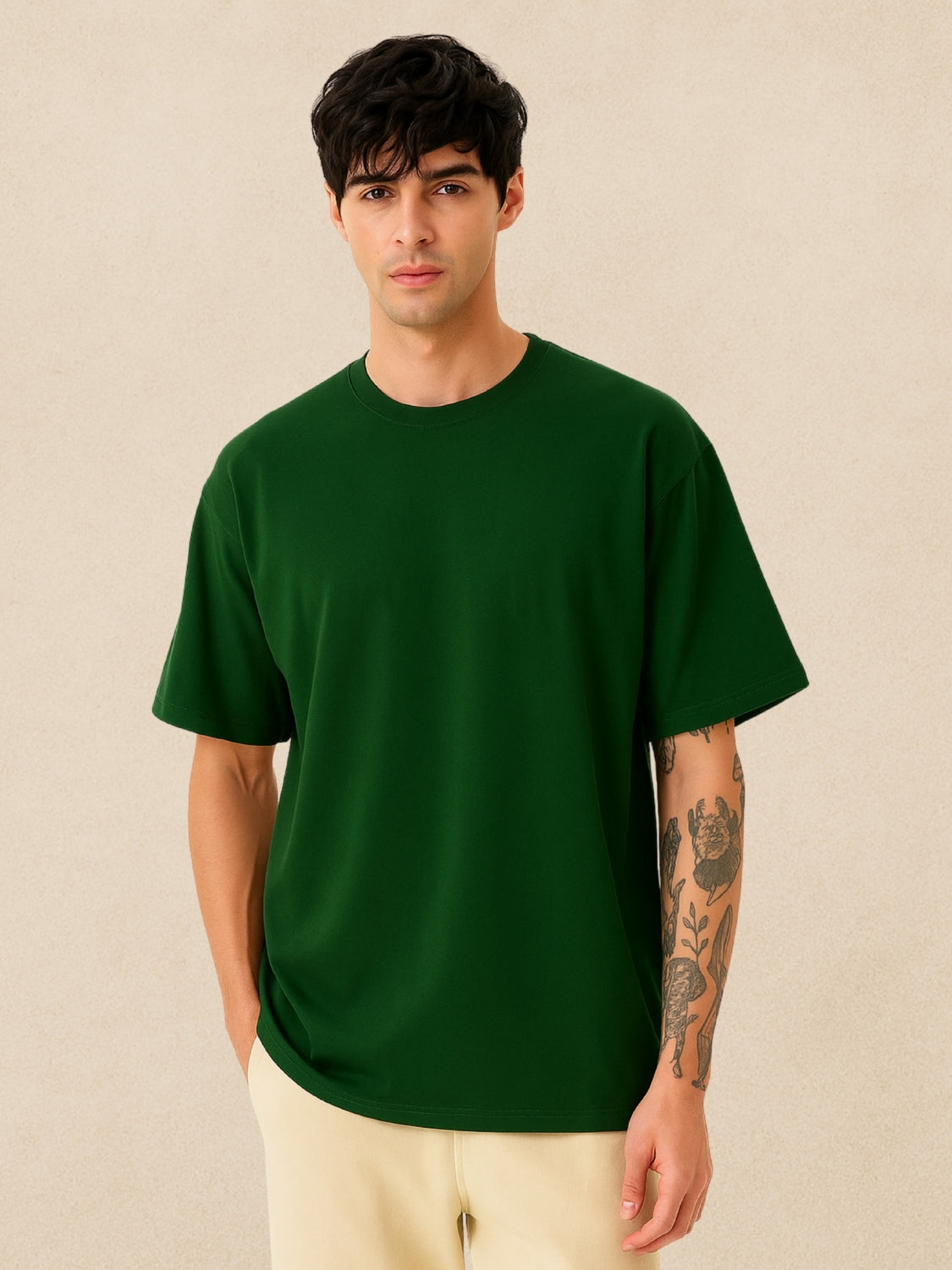 Zwuri Men’s Forest Green Oversized T-Shirt Solids, Relaxed Fit, Minimalist Everyday Wear