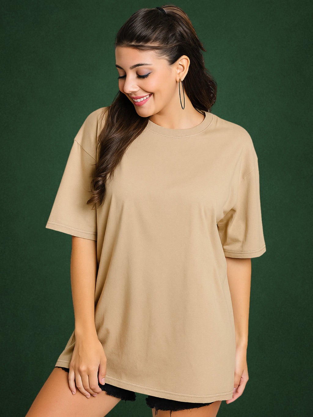 Zwuri Women’s Velvet Beige Oversized T-Shirt Solids, Relaxed Fit, Minimalist Everyday Wear